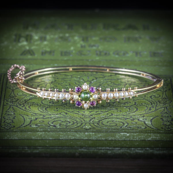 ANTIQUE VICTORIAN SUFFRAGETTE BANGLE AMETHYST PERIDOT PEARL 15CT GOLD COVER