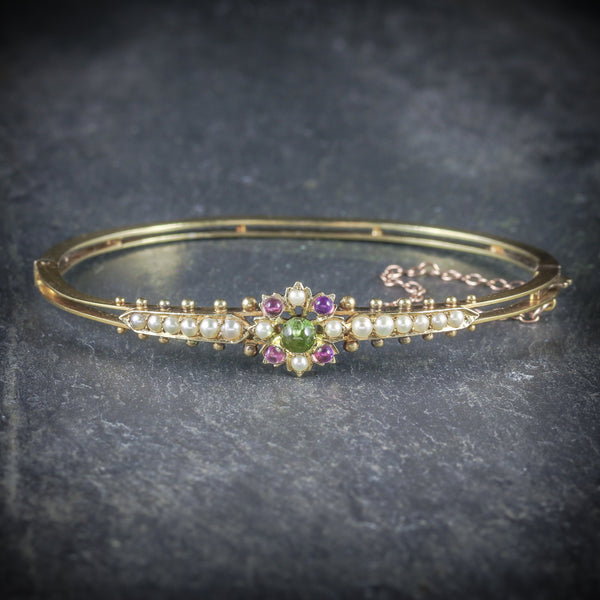 ANTIQUE VICTORIAN SUFFRAGETTE BANGLE AMETHYST PERIDOT PEARL 15CT GOLD FRONT