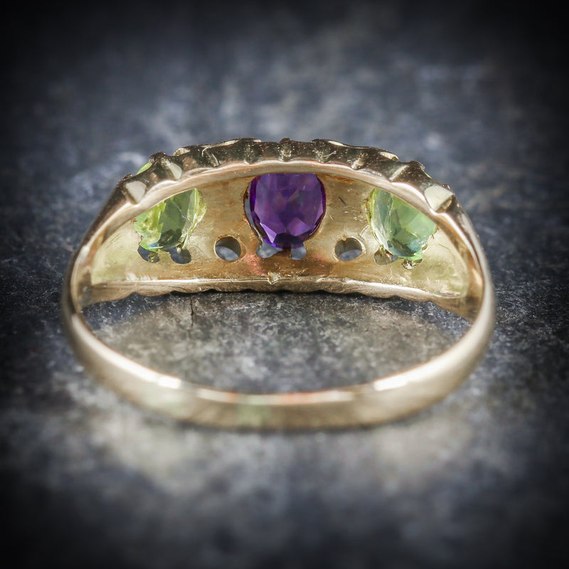 ANTIQUE VICTORIAN SUFFRAGETTE RING AMETHYST PERIDOT DIAMOND 18CT GOLD BACK