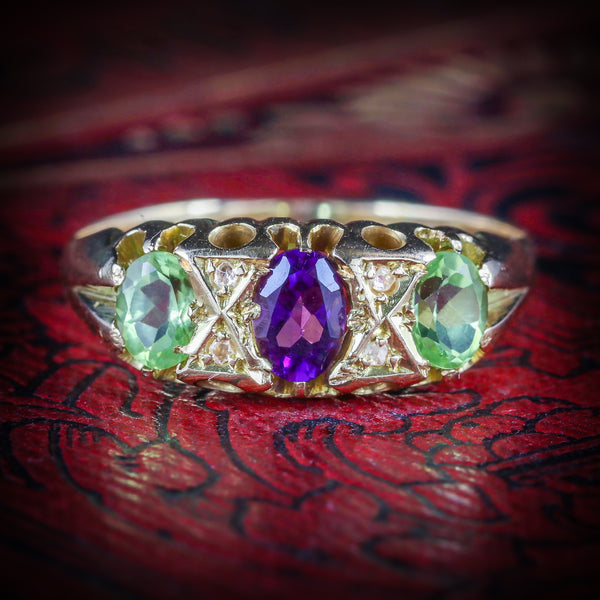 ANTIQUE VICTORIAN SUFFRAGETTE RING AMETHYST PERIDOT DIAMOND 18CT GOLD COVER