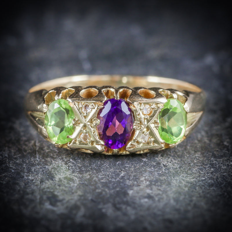 ANTIQUE VICTORIAN SUFFRAGETTE RING AMETHYST PERIDOT DIAMOND 18CT GOLD FRONT