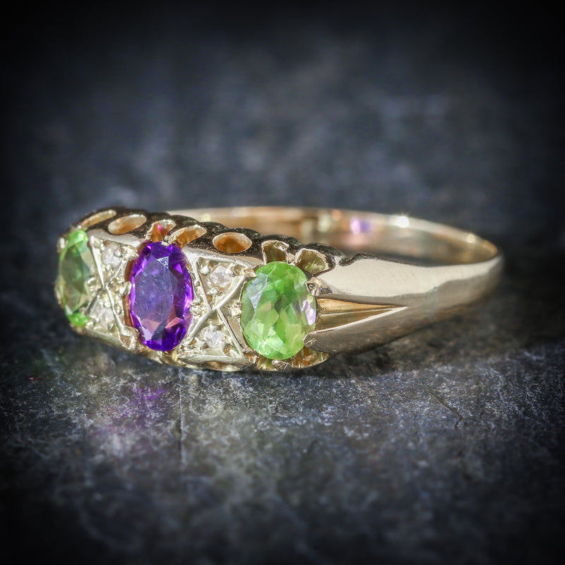 ANTIQUE VICTORIAN SUFFRAGETTE RING AMETHYST PERIDOT DIAMOND 18CT GOLD SIDE