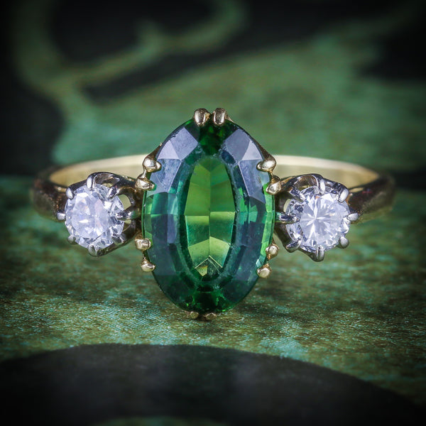 ANTIQUE VICTORIAN TOURMALINE DIAMOND RING 18CT GOLD COVER
