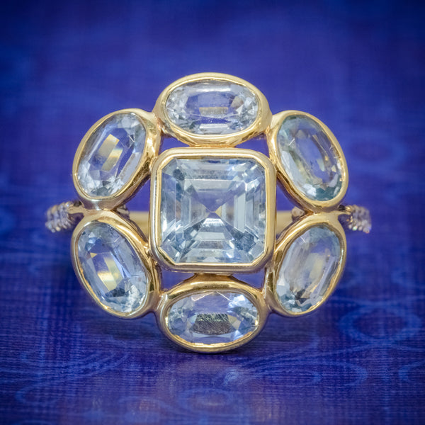 AQUAMARINE DIAMOND CLUSTER RING 18CT GOLD 5.50CT AQUAMARINE CASSANDRA GOAD BOXED COVER