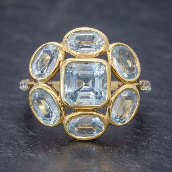 AQUAMARINE DIAMOND CLUSTER RING 18CT GOLD 5.50CT AQUAMARINE CASSANDRA GOAD BOXED FRONT