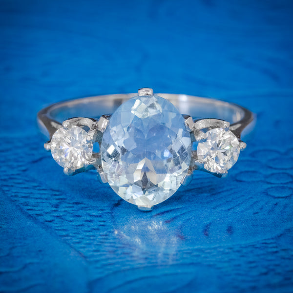 AQUAMARINE TRILOGY RING PLATINUM 3CT AQUA 0.50CT DIAMOND COVER