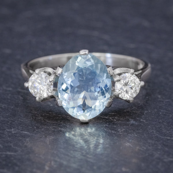 AQUAMARINE TRILOGY RING PLATINUM 3CT AQUA 0.50CT DIAMOND FRONT