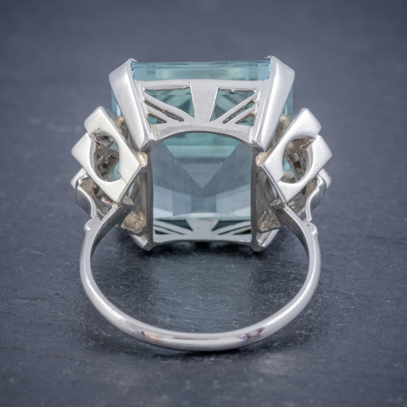 ART DECO AQUAMARINE DIAMOND RING PLATINUM 25CT EMERALD CUT AQUA CIRCA 1930 BACK