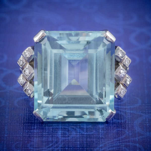 ART DECO AQUAMARINE DIAMOND RING PLATINUM 25CT EMERALD CUT AQUA CIRCA 1930 COVER