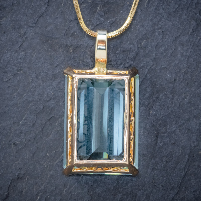 ART DECO AQUAMARINE PENDANT NECKLACE 30CT EMERALD CUT AQUA 14CT GOLD BACK