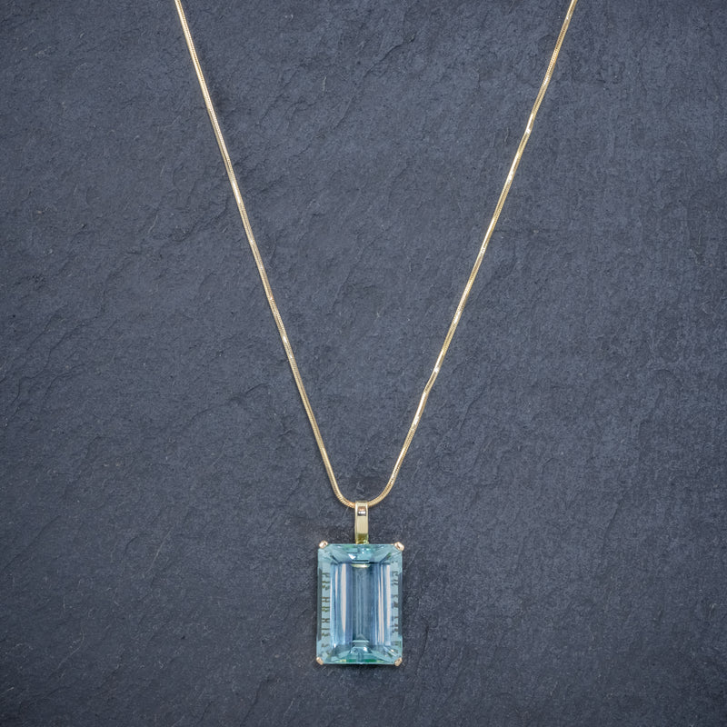ART DECO AQUAMARINE PENDANT NECKLACE 30CT EMERALD CUT AQUA 14CT GOLD NECK