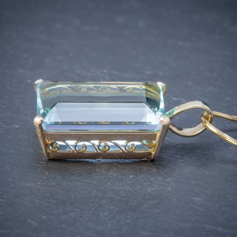 ART DECO AQUAMARINE PENDANT NECKLACE 30CT EMERALD CUT AQUA 14CT GOLD SIDE2