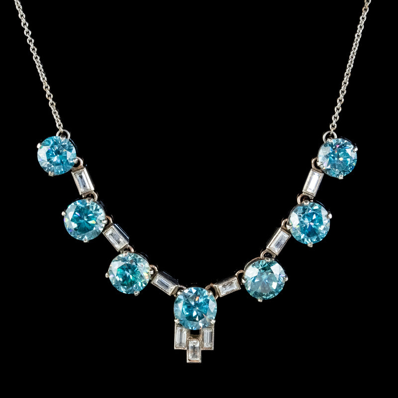 Art Deco Blue Zircon Lavaliere Necklace Silver 20Ct Of Zircon Circa 1920