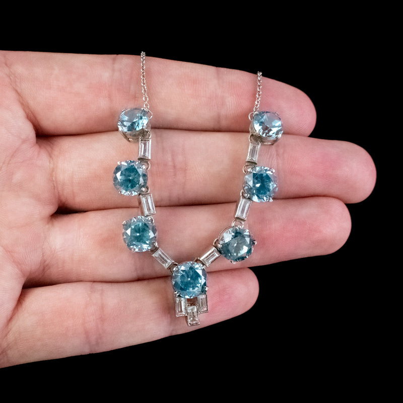 Art Deco Blue Zircon Lavaliere Necklace Silver