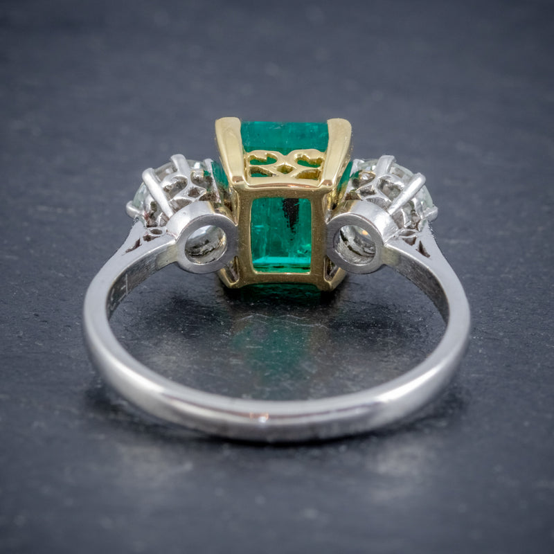 ART DECO COLOMBIAN EMERALD DIAMOND TRILOGY RING PLATINUM 18CT GOLD 2.55CT EMERALD WITH CERT BACK