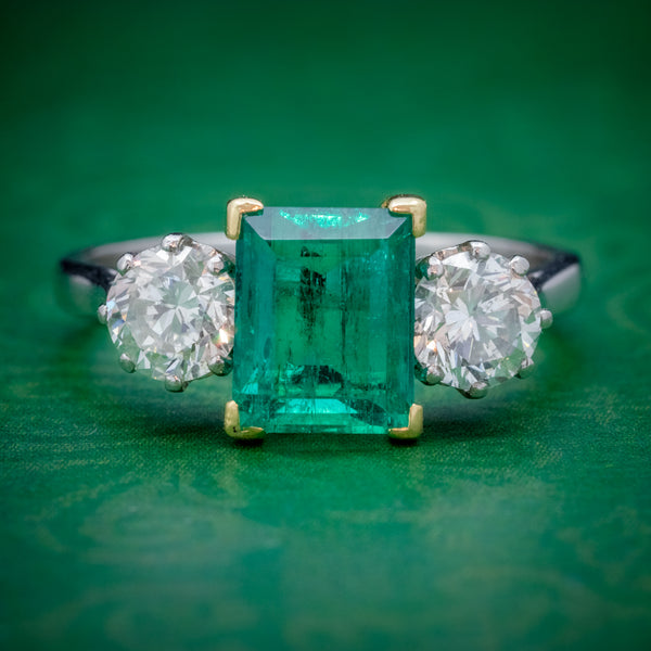 ART DECO COLOMBIAN EMERALD DIAMOND TRILOGY RING PLATINUM 18CT GOLD 2.55CT EMERALD WITH CERT COVER