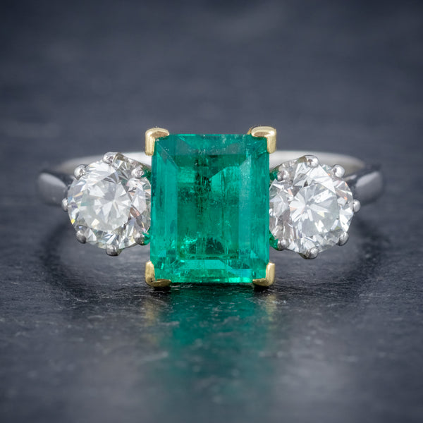 ART DECO COLOMBIAN EMERALD DIAMOND TRILOGY RING PLATINUM 18CT GOLD 2.55CT EMERALD WITH CERT FRONT