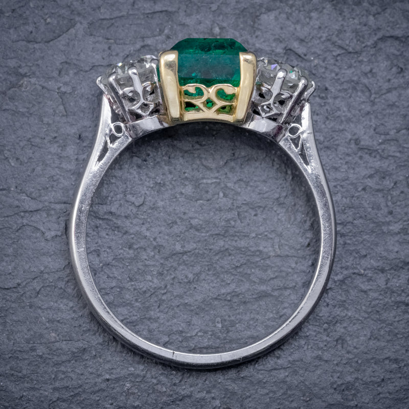 ART DECO COLOMBIAN EMERALD DIAMOND TRILOGY RING PLATINUM 18CT GOLD 2.55CT EMERALD WITH CERT TOP