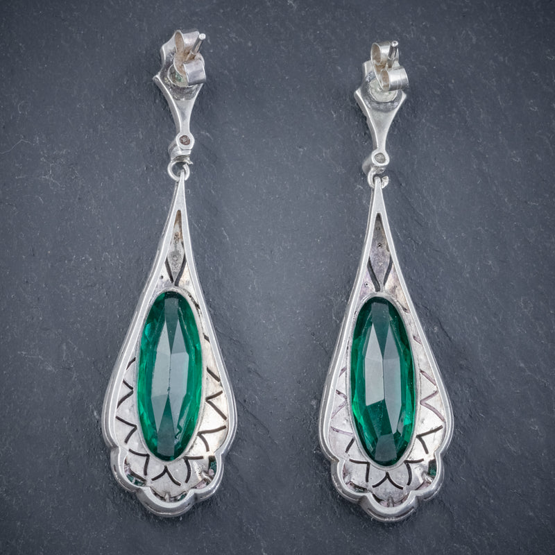 ART DECO GREEN PASTE DROP EARRINGS SILVER CIRCA 1920 back