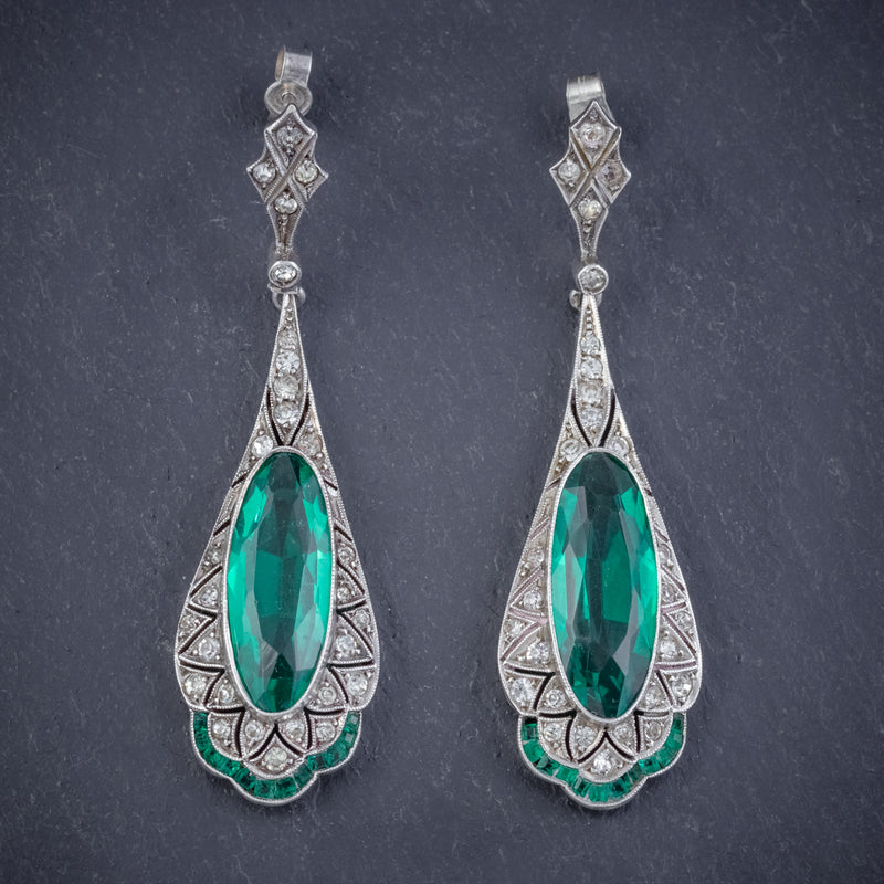 ART DECO GREEN PASTE DROP EARRINGS SILVER CIRCA 1920 front