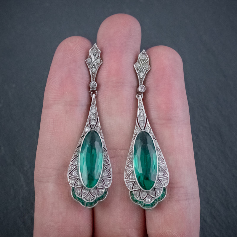 ART DECO GREEN PASTE DROP EARRINGS SILVER CIRCA 1920 hand