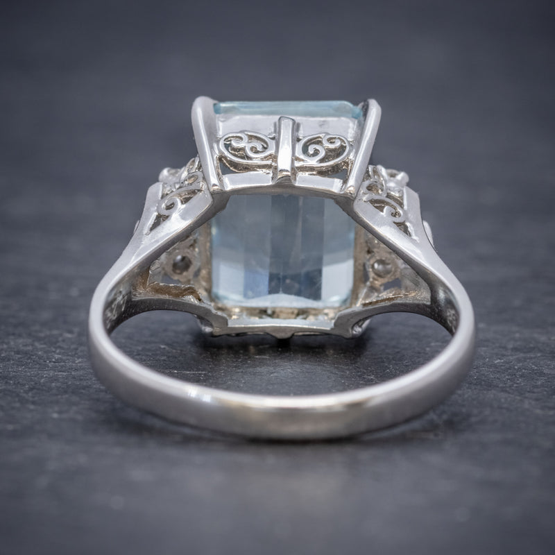 ART DECO 4CT EMERALD CUT AQUAMARINE RING PLATINUM CIRCA 1920 BACK