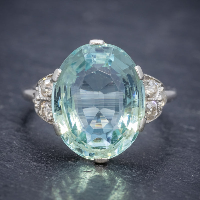 ART DECO AQUAMARINE RING PLATINUM 6CT AQUA CIRCA 1920 FRONT