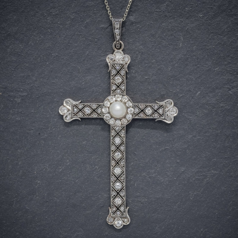Art Deco Diamond Cross Pendant Necklace Platinum Circa 1930 FRONT