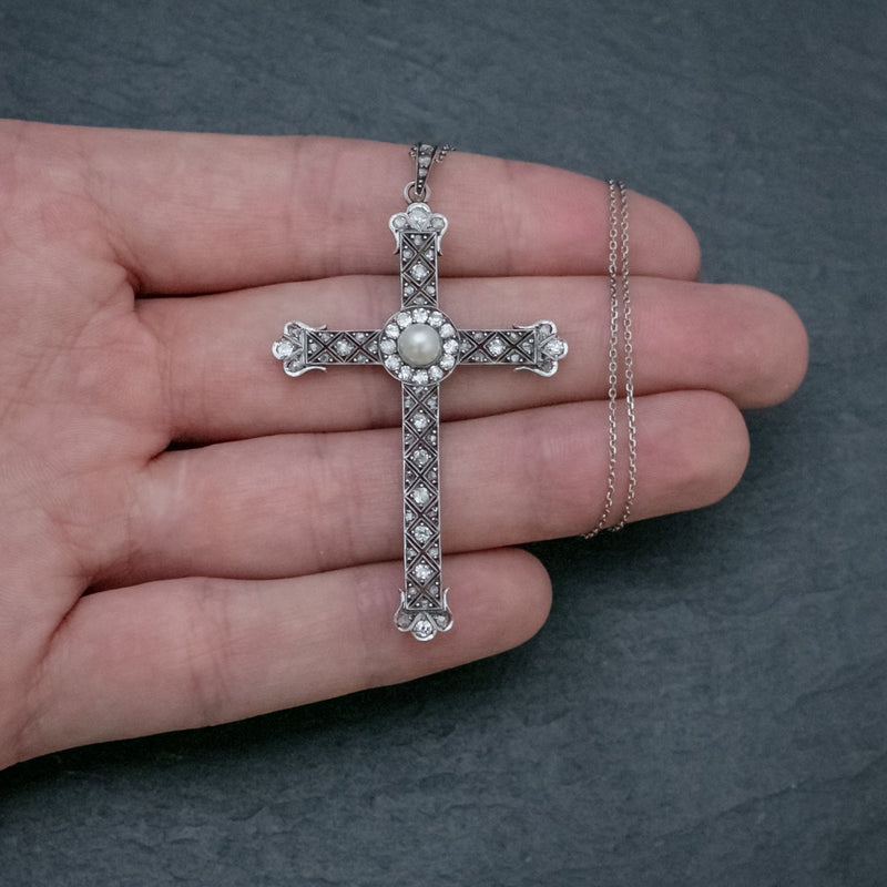 Art Deco Diamond Cross Pendant Necklace Platinum Circa 1930 HAND