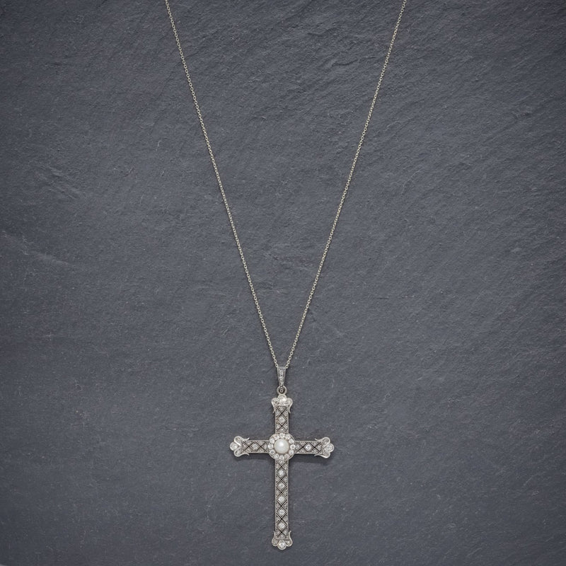 Art Deco Diamond Cross Pendant Necklace Platinum Circa 1930 NECK