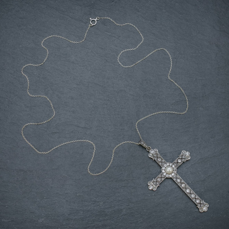 Art Deco Diamond Cross Pendant Necklace Platinum Circa 1930 TOP