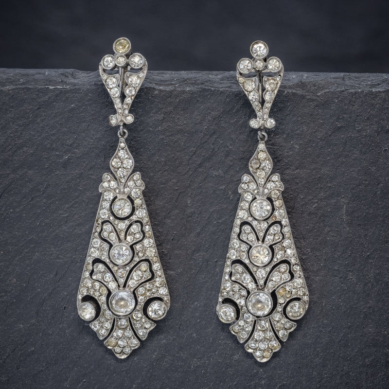 thumbnail image 2 of Retro Chic Vintage Art Deco Style Crystal Teardrop Dropper Earrings – Rhodium Plated, Silver, Long Rhinestone Dangle 2 of 2