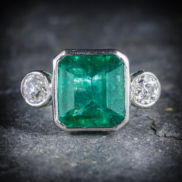 ART DECO EMERALD DIAMOND PLATINUM RING 8CT EMERALD 1.20CT DIAMOND FRONT