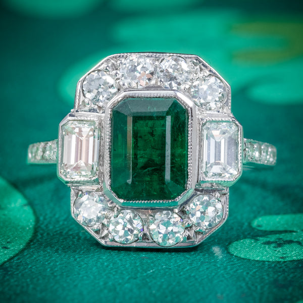Art Deco Emerald Diamond Ring 18ct White Gold Circa 1920 COVER