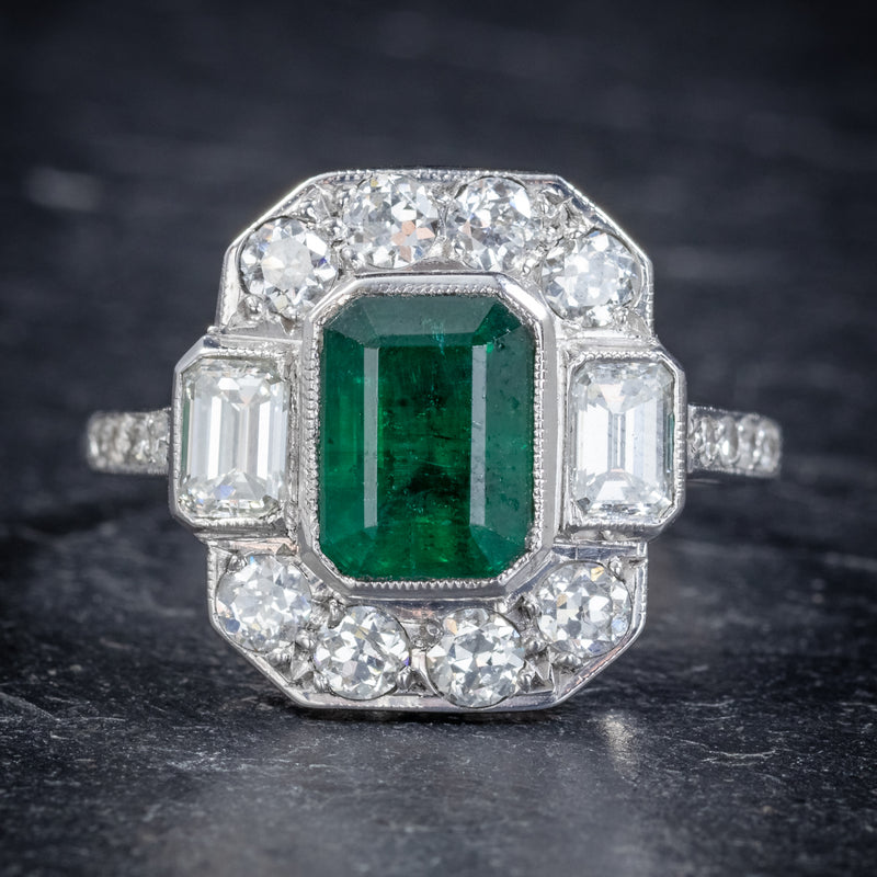 Art Deco Emerald Diamond Ring 18ct White Gold Circa 1920 FRONT
