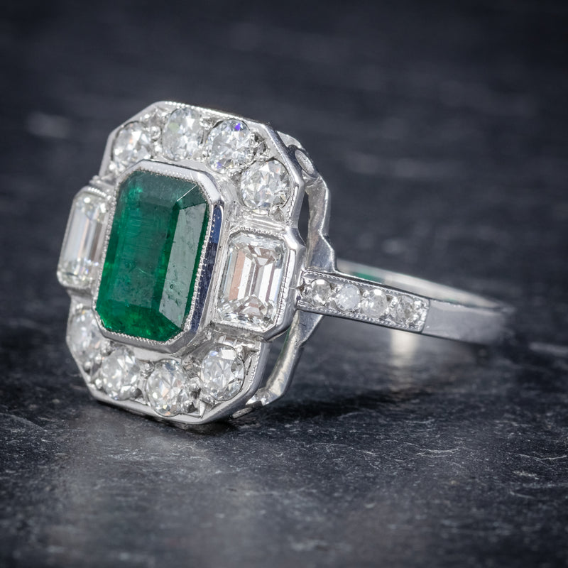 Art Deco Emerald Diamond Ring 18ct White Gold Circa 1920 SIDE1