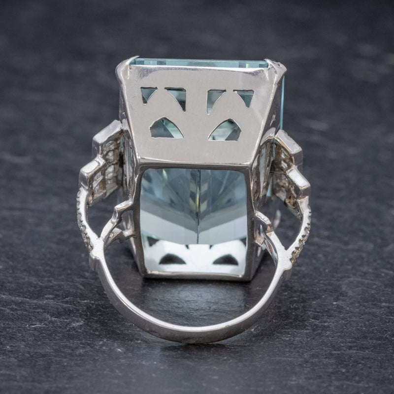 Art Deco French 56ct Aquamarine Diamond Ring Platinum Circa 1930 BACK