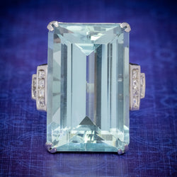Art Deco French 56ct Aquamarine Diamond Ring Platinum Circa 1930 COVER