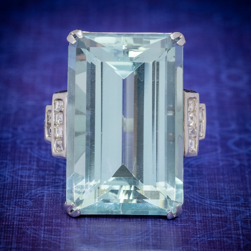 Art Deco French 56ct Aquamarine Diamond Ring Platinum Circa 1930 COVER