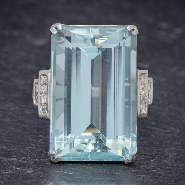 Art Deco French 56ct Aquamarine Diamond Ring Platinum Circa 1930 FRONT