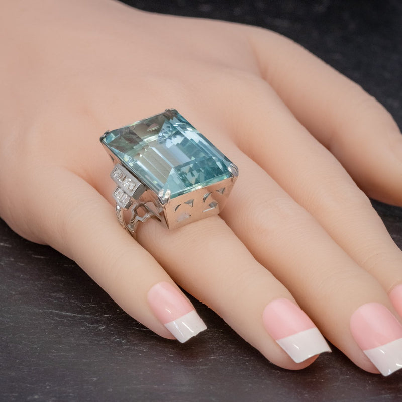 Art Deco French 56ct Aquamarine Diamond Ring Platinum Circa 1930 HAND2