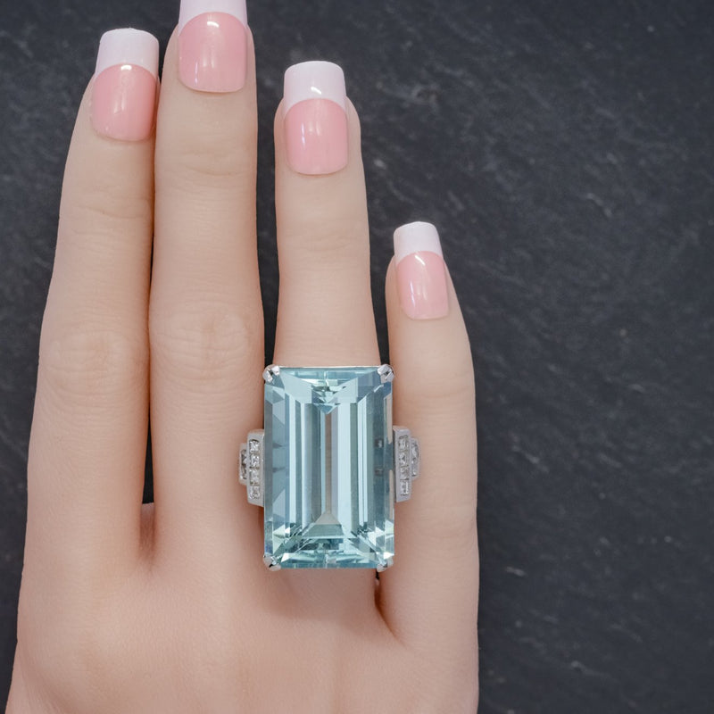 Art Deco French 56ct Aquamarine Diamond Ring Platinum Circa 1930 HAND