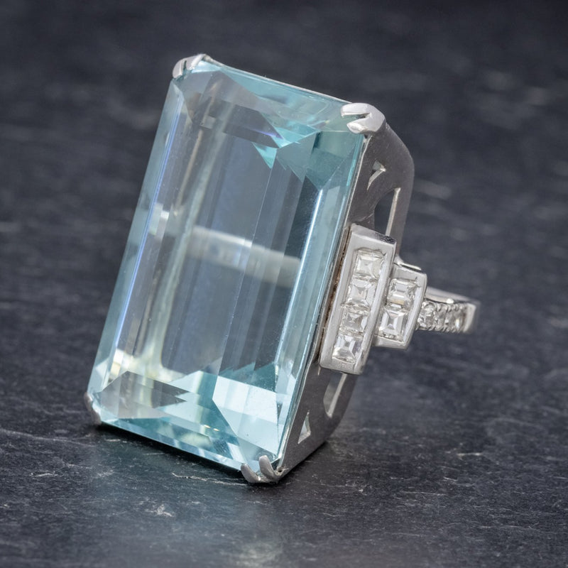 Art Deco French 56ct Aquamarine Diamond Ring Platinum Circa 1930 SIDE