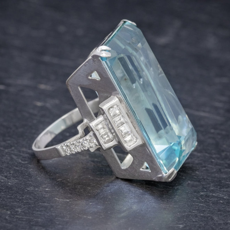 Art Deco French 56ct Aquamarine Diamond Ring Platinum Circa 1930 SIDE2