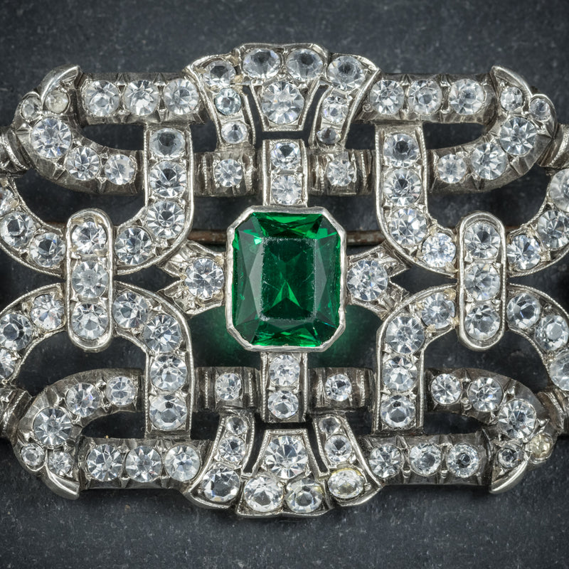  Art Deco Green Paste Brooch Silver Circa 1920 STONES