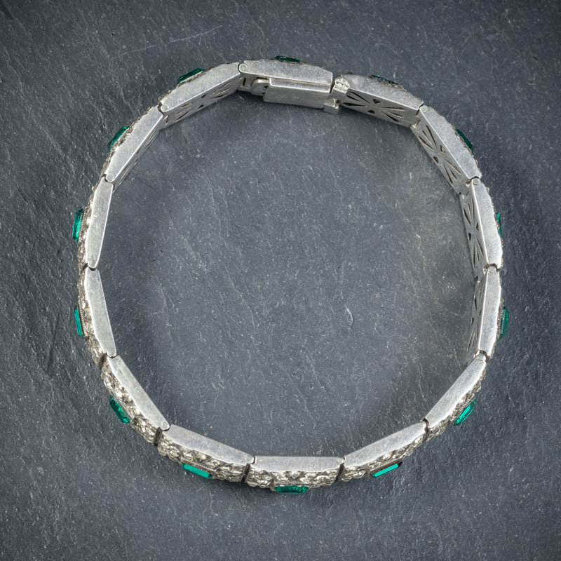 Art Deco Green Paste Stone Bracelet Sterling Silver Circa 1920