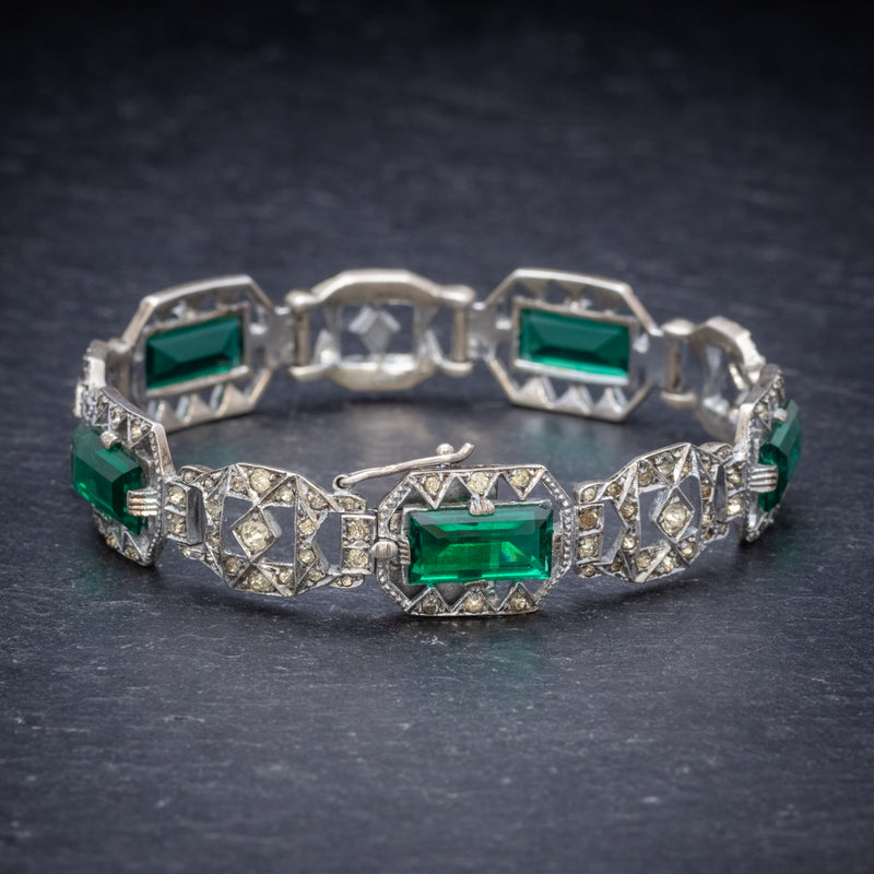 Art Deco Green Paste Stone Bracelet Sterling Silver Circa 1920 SIDE
