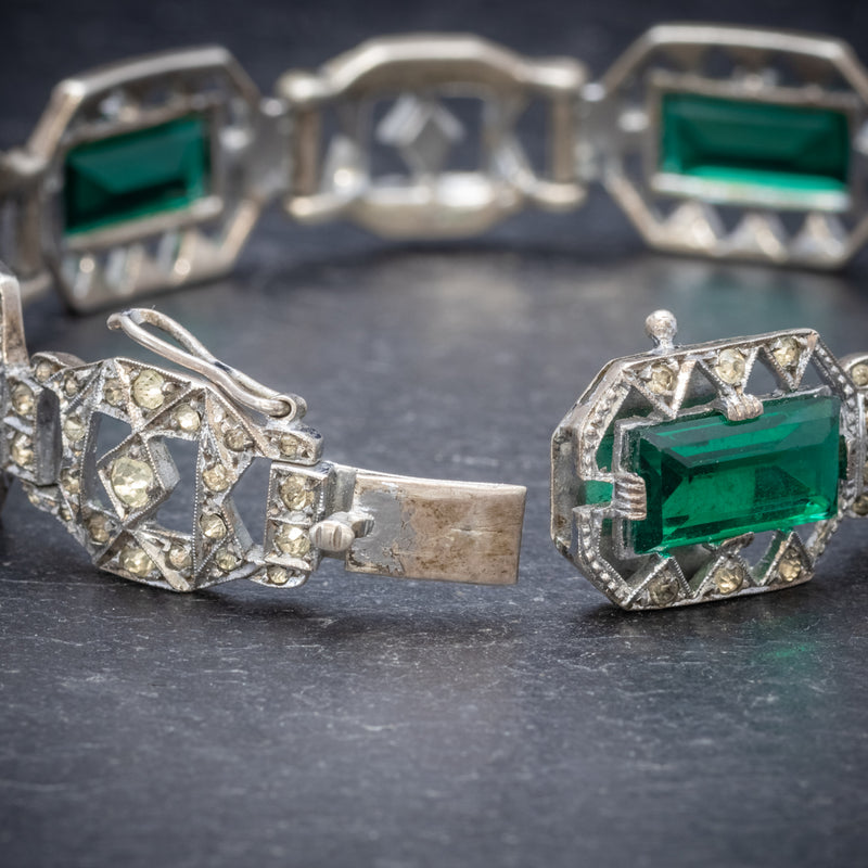 Art Deco Green Paste Stone Bracelet Sterling Silver Circa 1920 CLASP