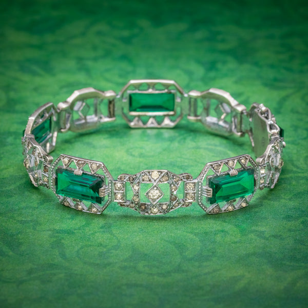 Art Deco Green Paste Stone Bracelet Sterling Silver Circa 1920 COVER