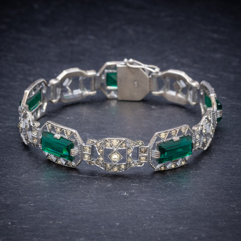 Art Deco Green Paste Stone Bracelet Sterling Silver Circa 1920 FRONT